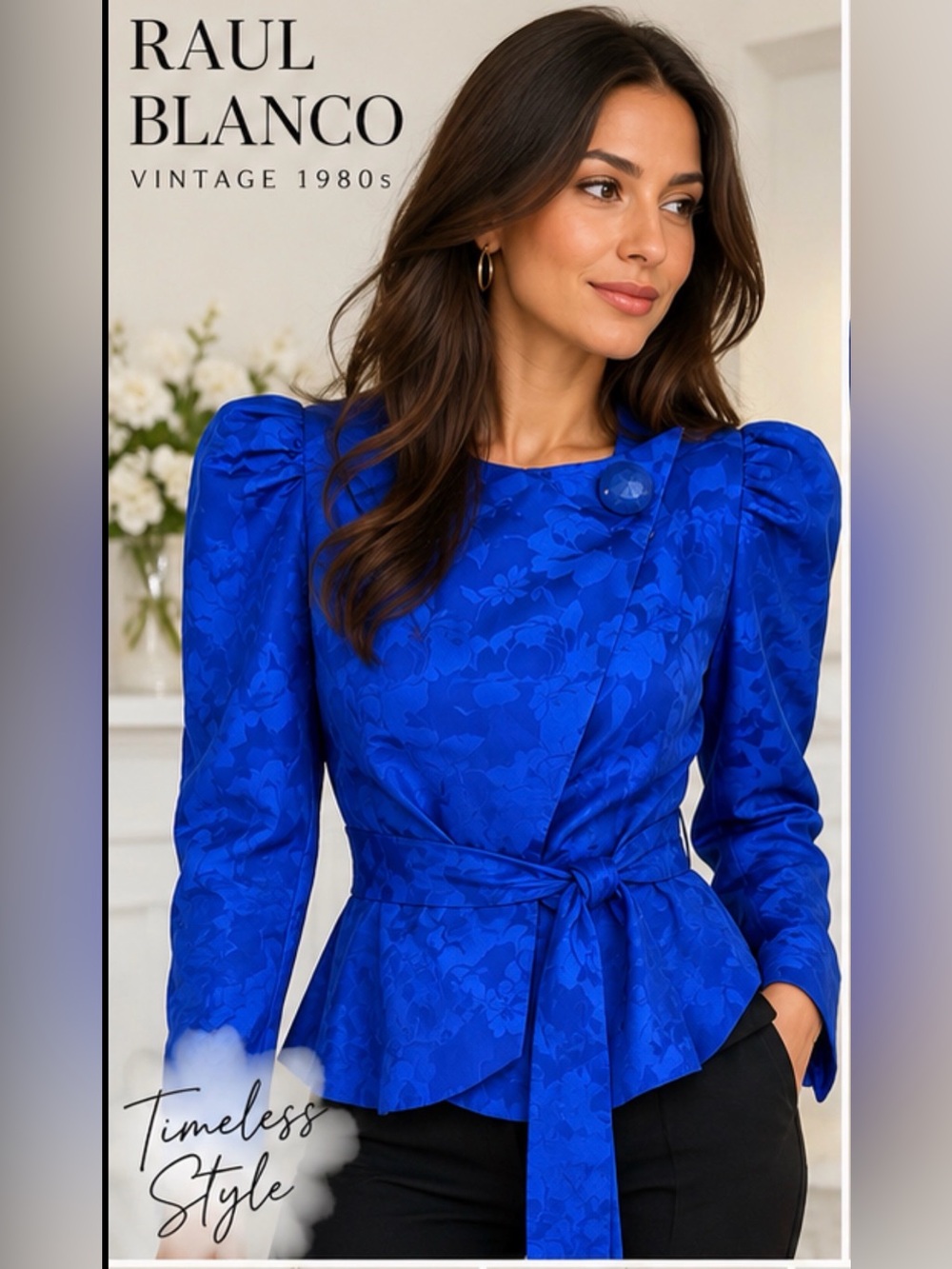 Vintage 80s Raul Blanco 100% Silk Cobalt Jacquard Peplum Jacket Size 4